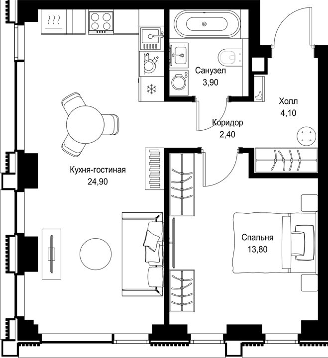 1-комнатная квартира, 49,1 м² — фото 1
