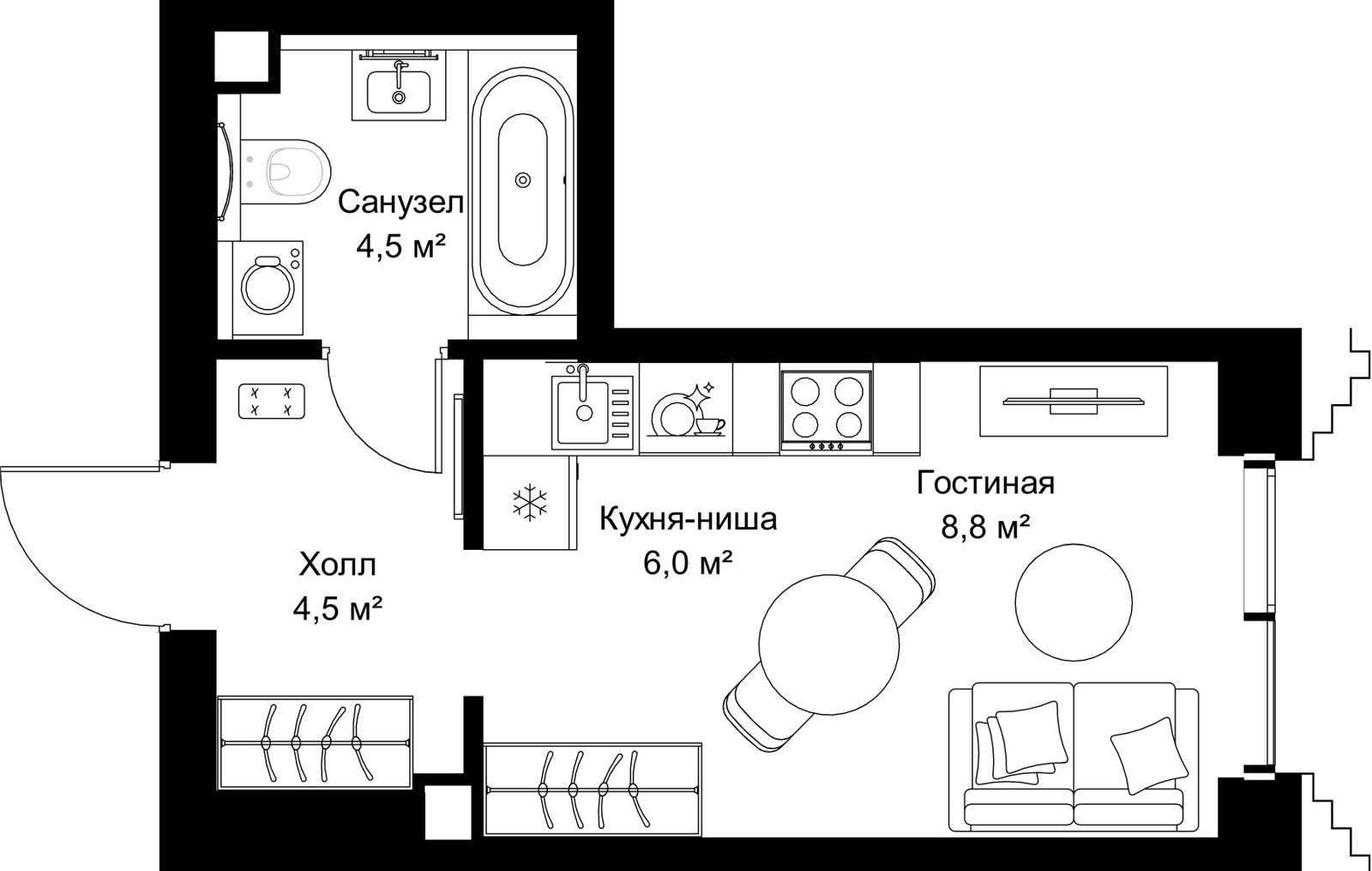 Квартира-студия, 23,8 м²
