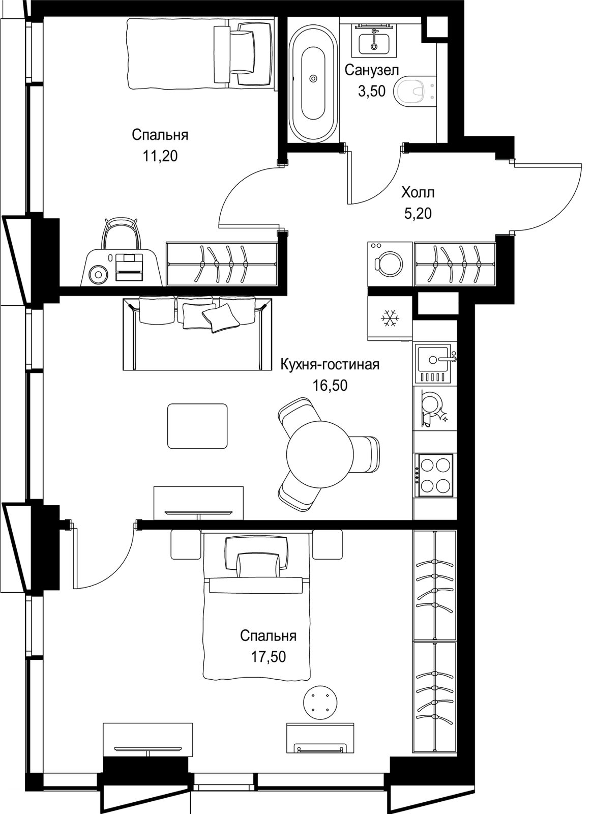 2-комнатная квартира, 53,9 м²