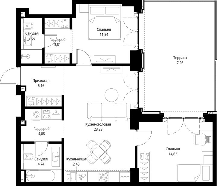 2-комнатная квартира, 80 м² — фото 1