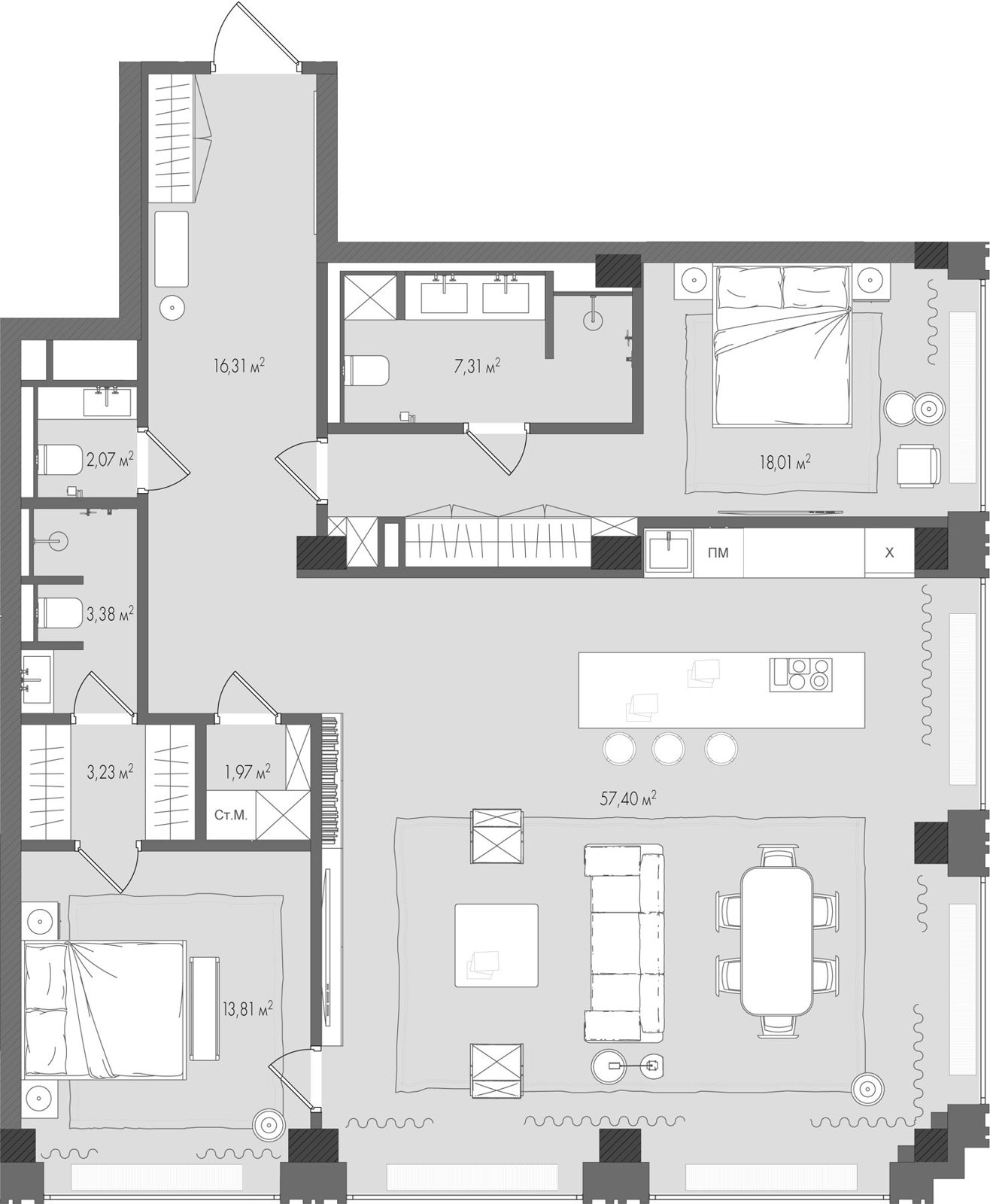 2-комнатная квартира, 123,2 м²