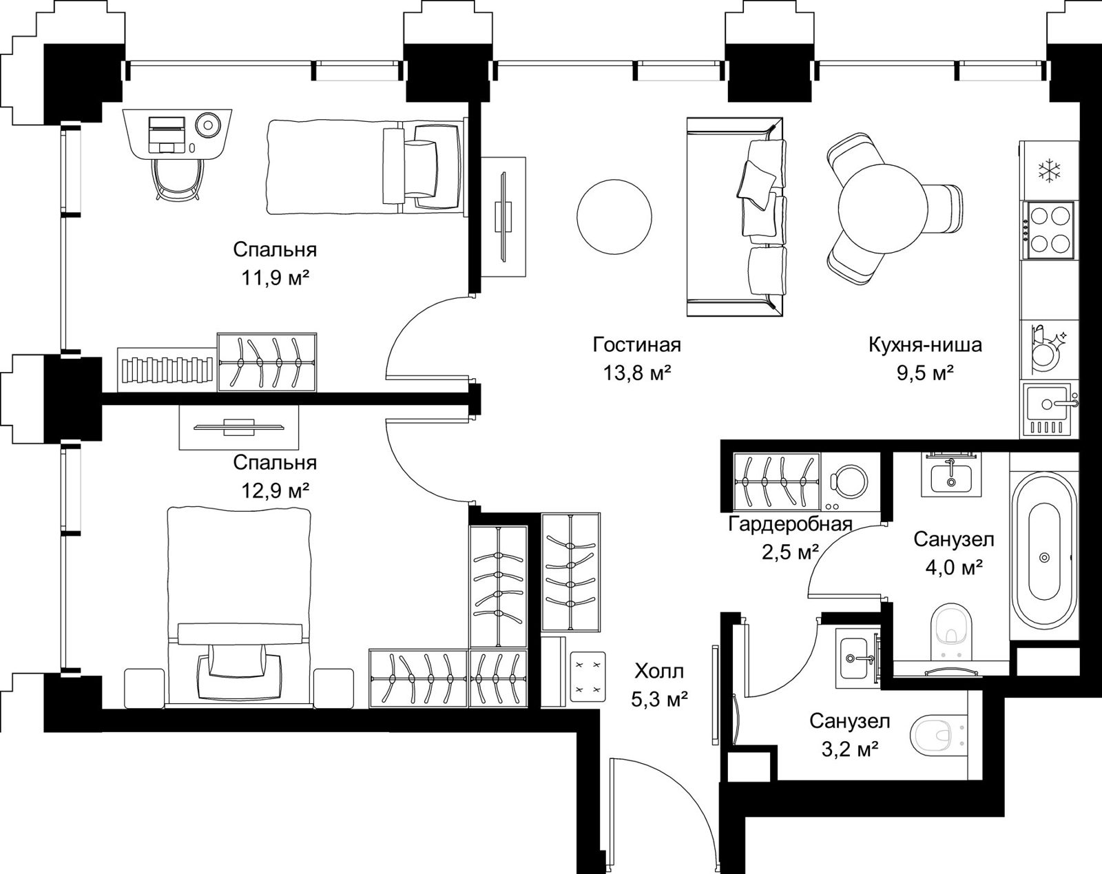 2-комнатная квартира, 63,1 м²