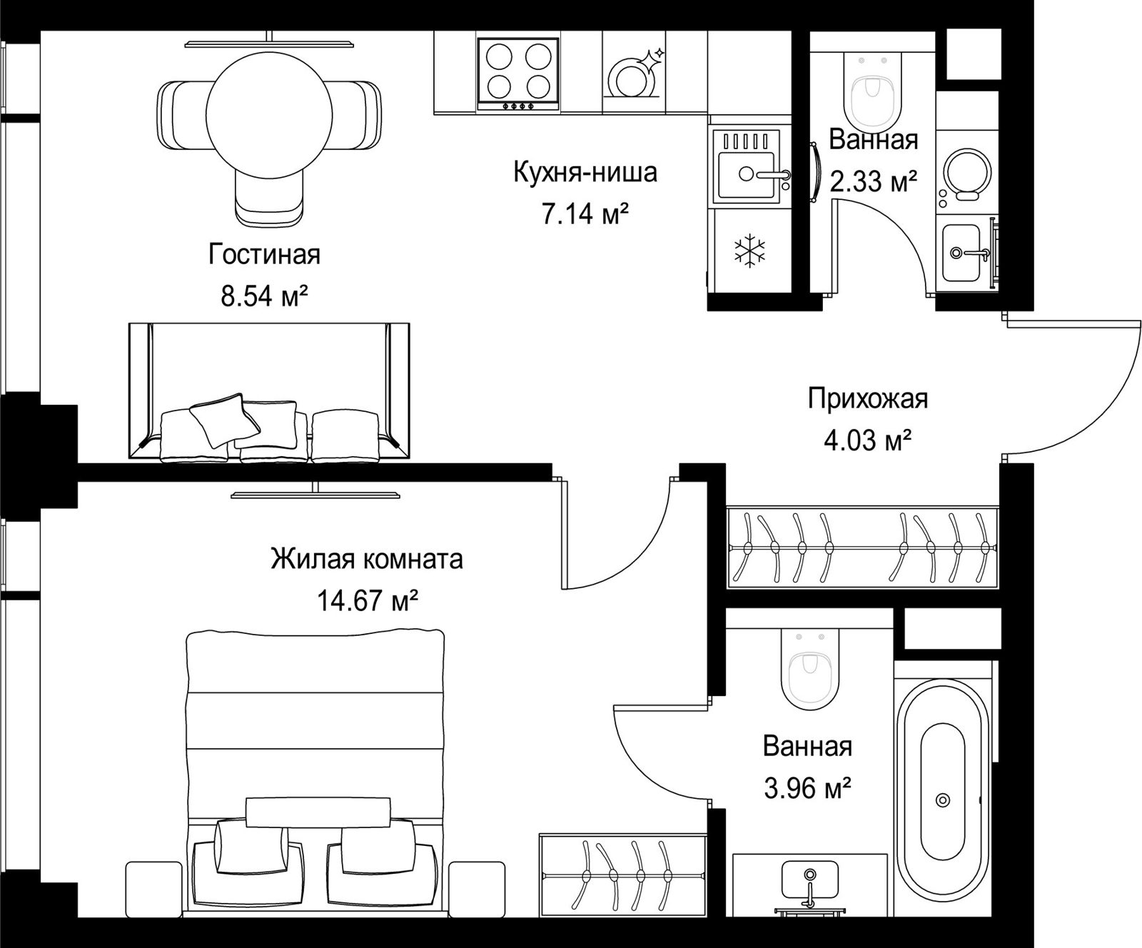 1-комнатная квартира, 40,7 м²