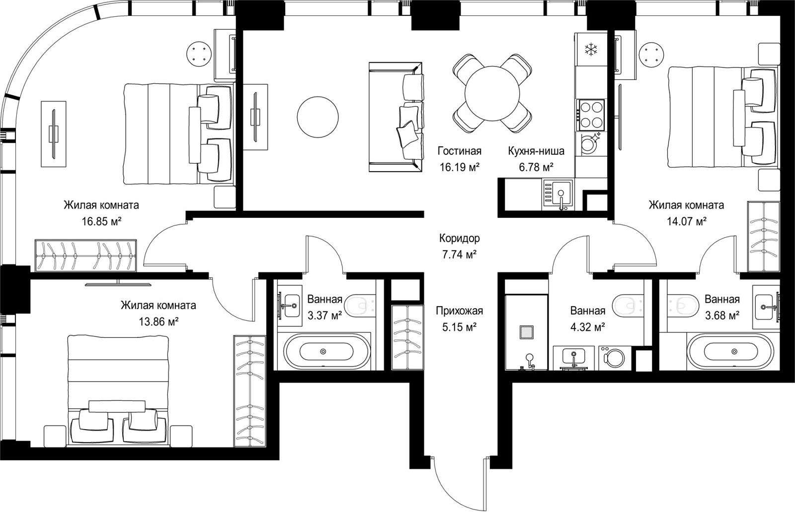 3-комнатная квартира, 92 м²