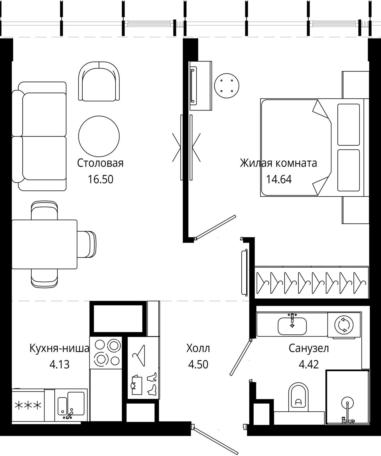 1-комнатная квартира, 44,1 м²