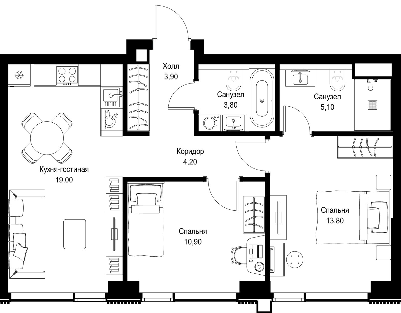 2-комнатная квартира, 60,7 м²