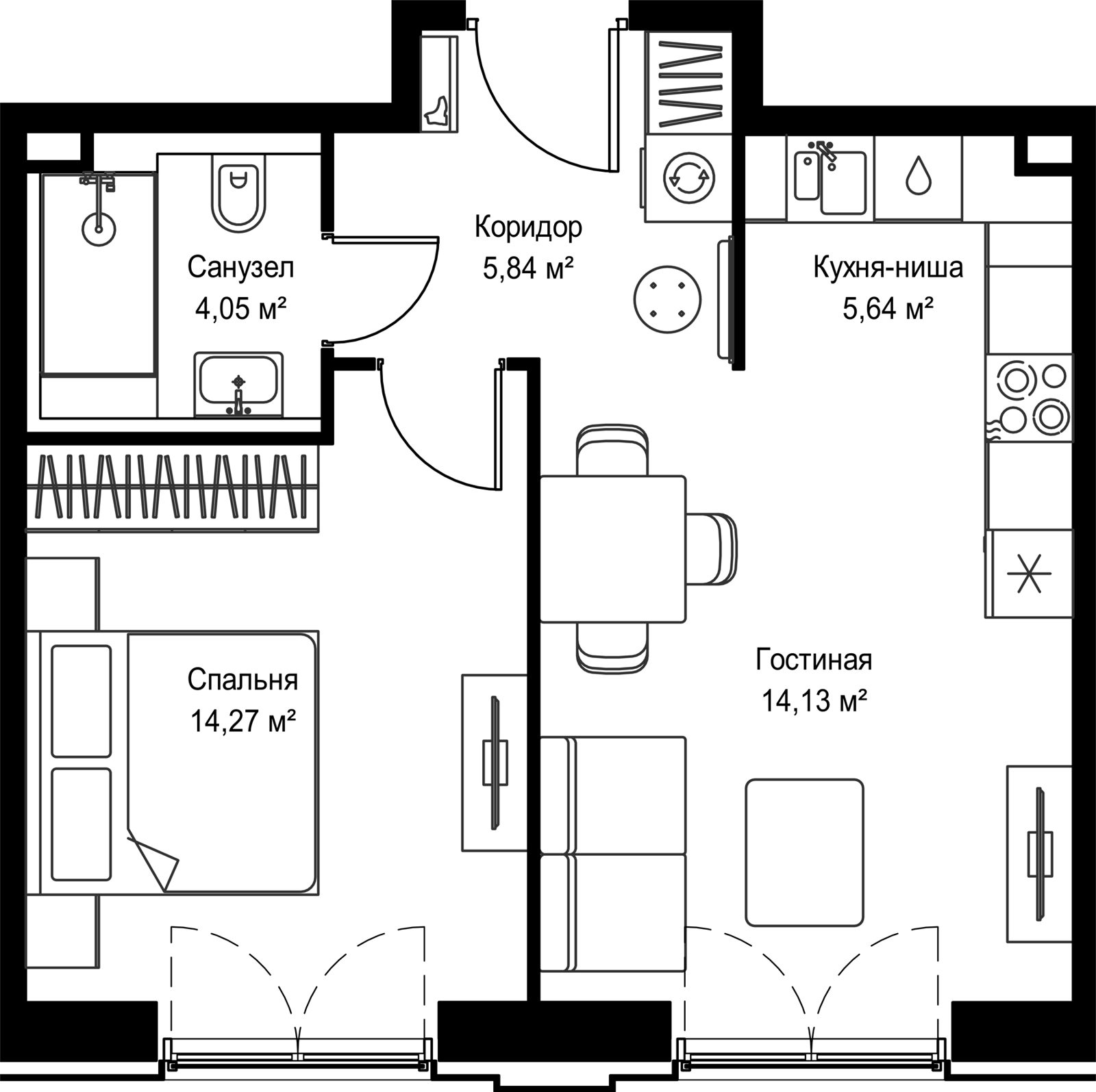 1-комнатная квартира, 43,8 м²