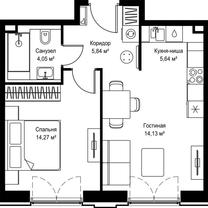 1-комнатная квартира, 43,8 м² — фото 1