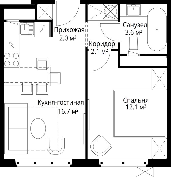 1-комнатная квартира, 36,5 м² — фото 1