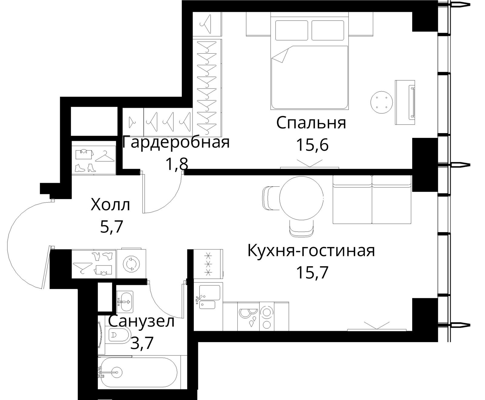 1-комнатная квартира, 42,5 м²