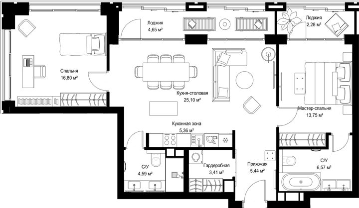 2-комнатная квартира, 88 м² — фото 1