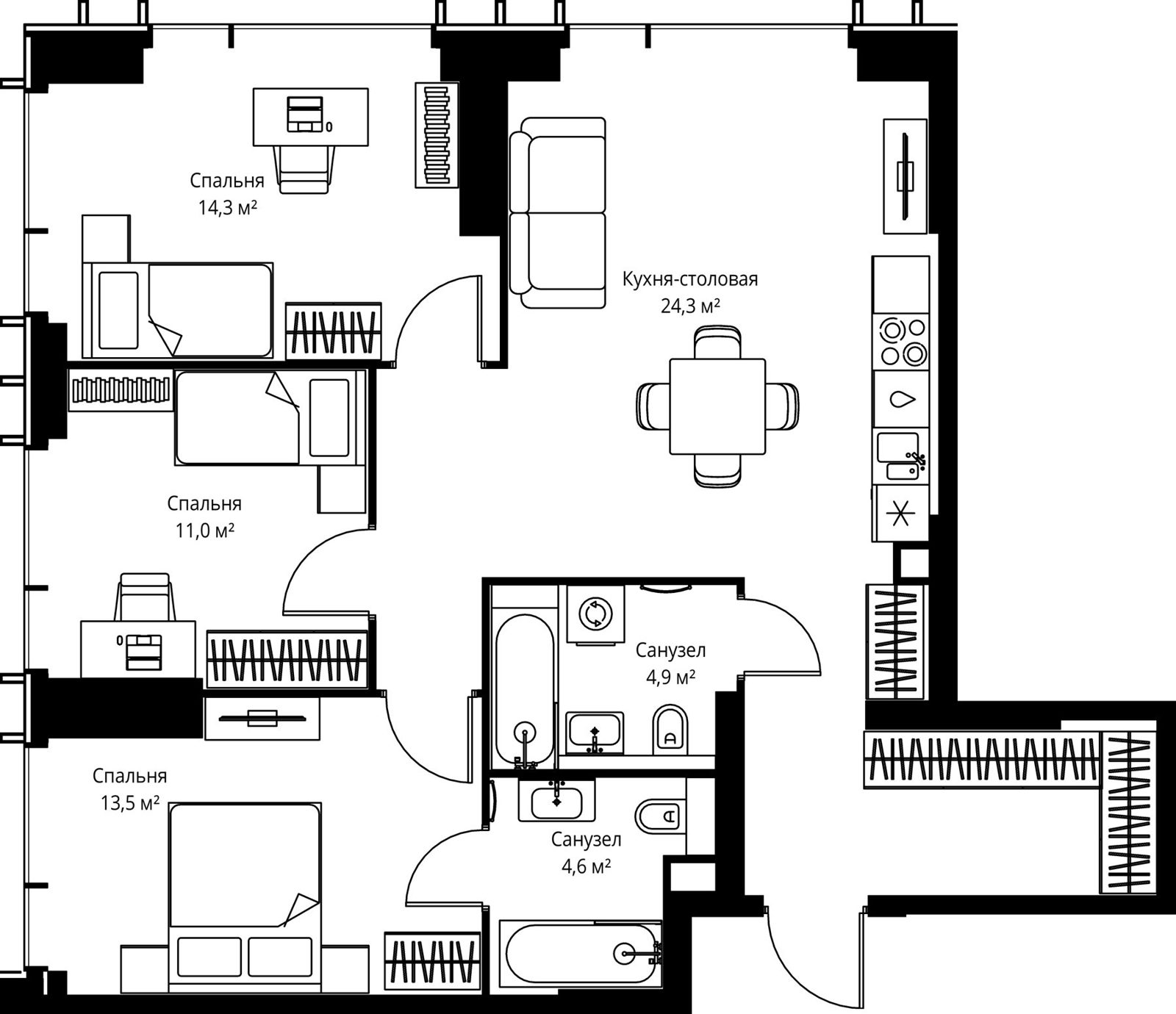 3-комнатная квартира, 87,4 м²