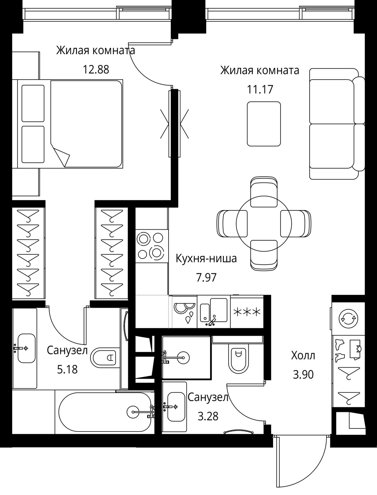 1-комнатная квартира, 44,4 м²