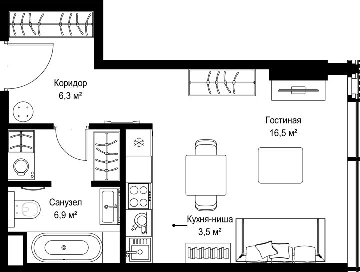Квартира-студия, 33,2 м²