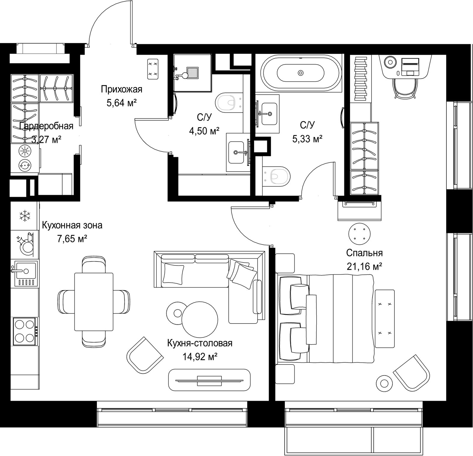 1-комнатная квартира, 62,5 м²