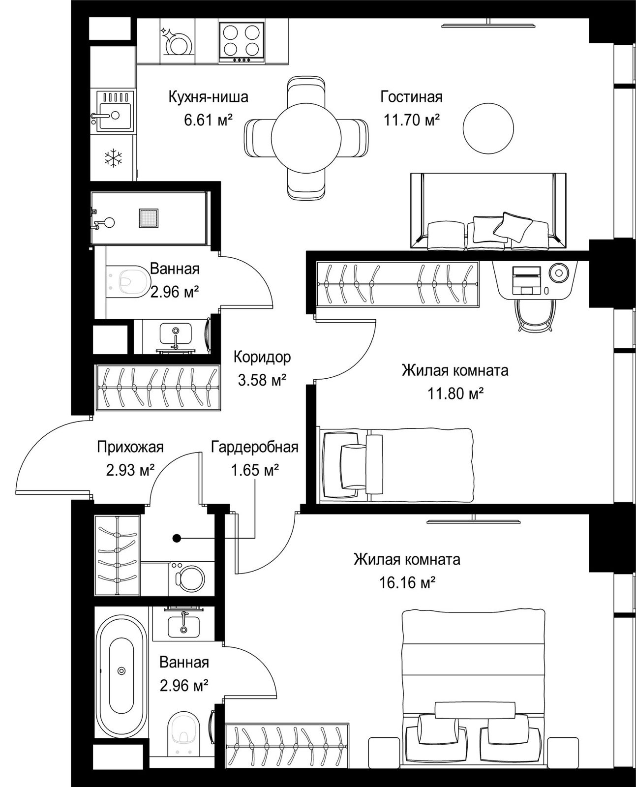 2-комнатная квартира, 60,4 м²