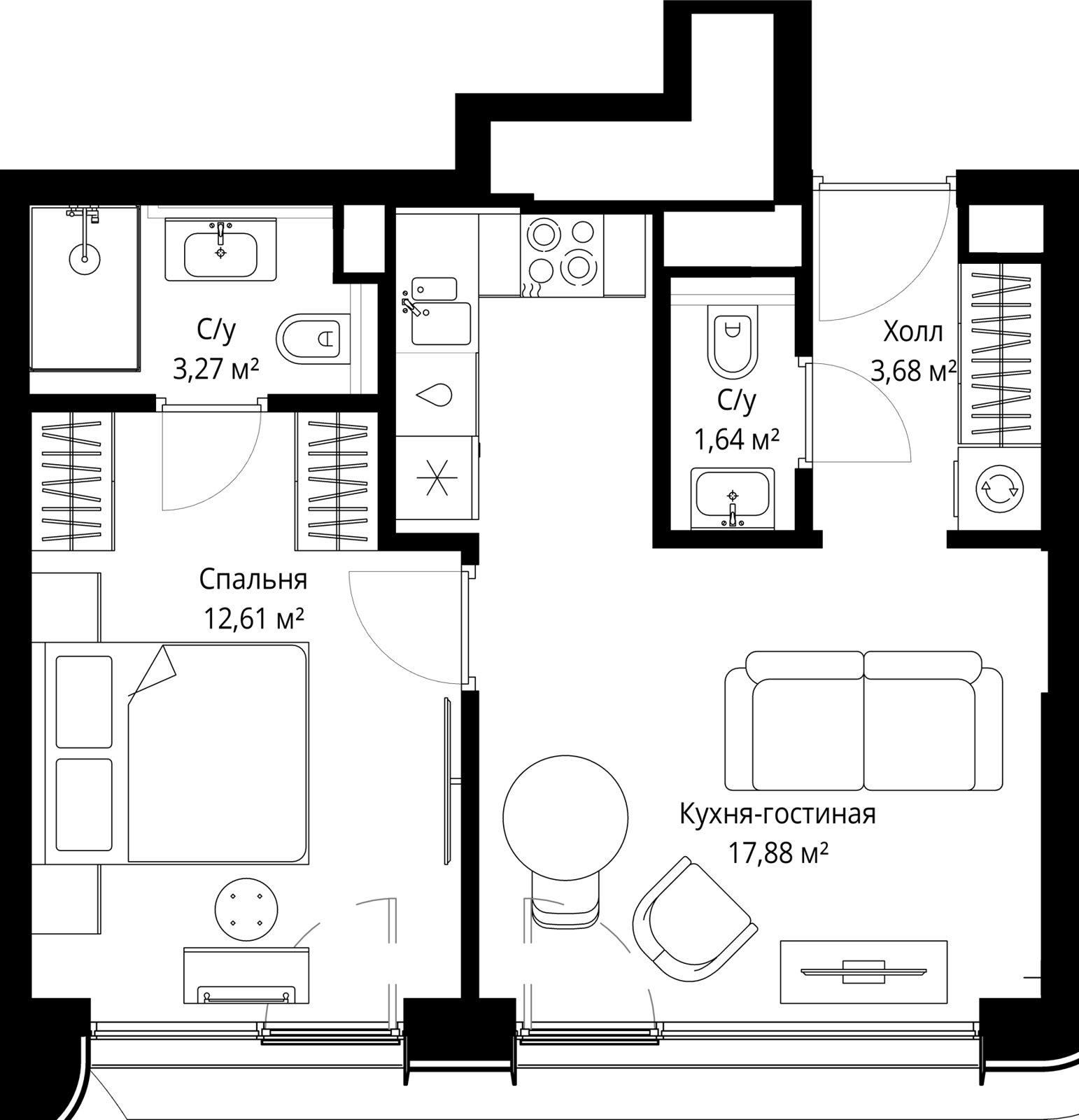 1-комнатная квартира, 39,1 м²