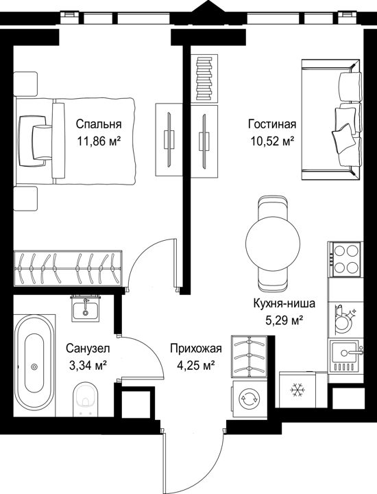 1-комнатная квартира, 35,3 м²
