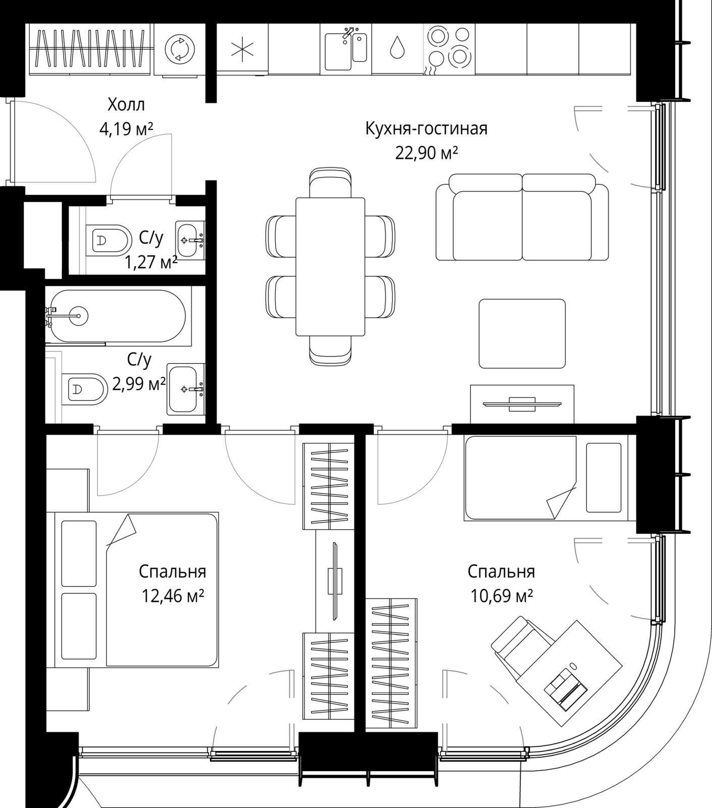 2-комнатная квартира, 54,5 м²