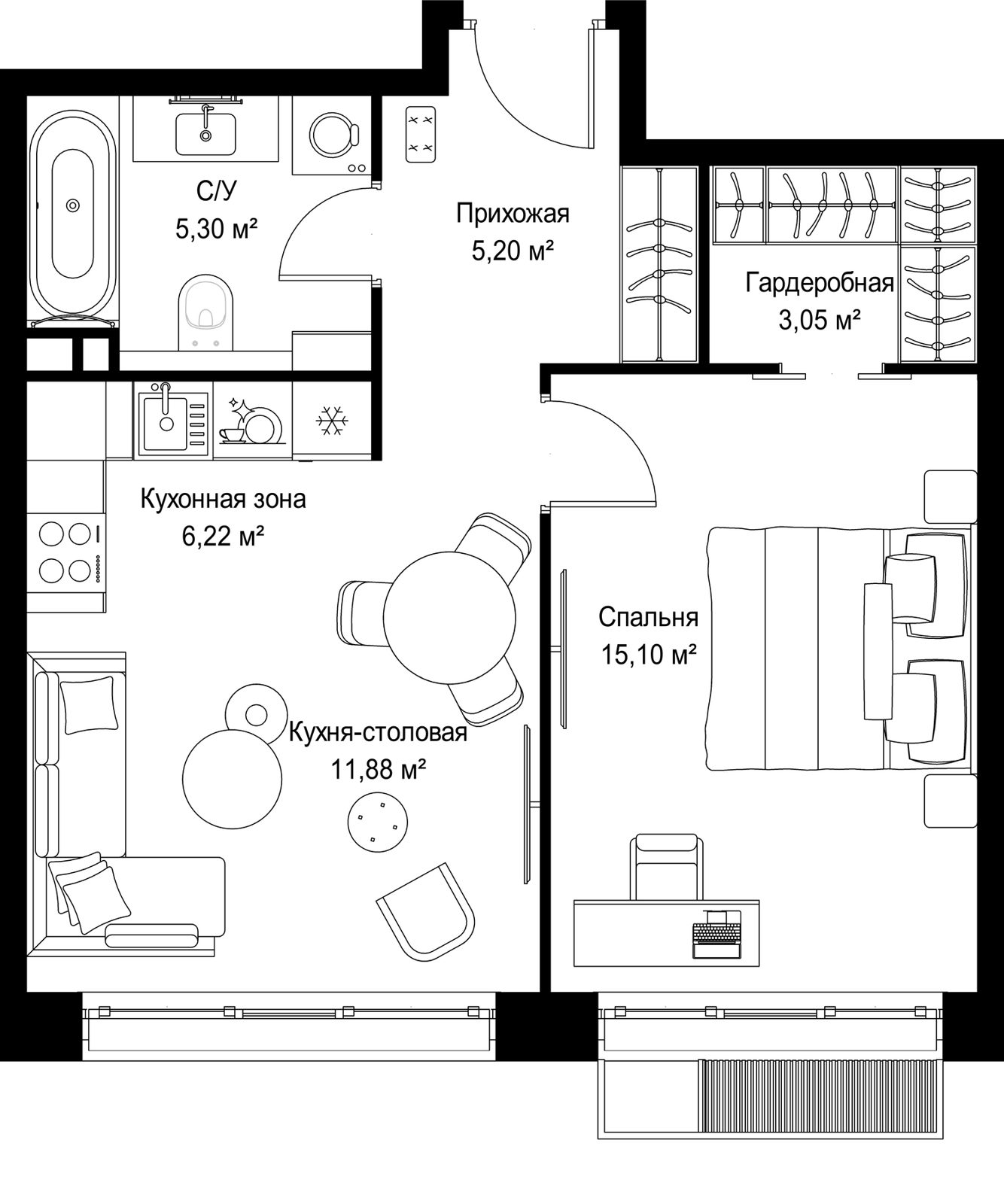 1-комнатная квартира, 46,8 м²