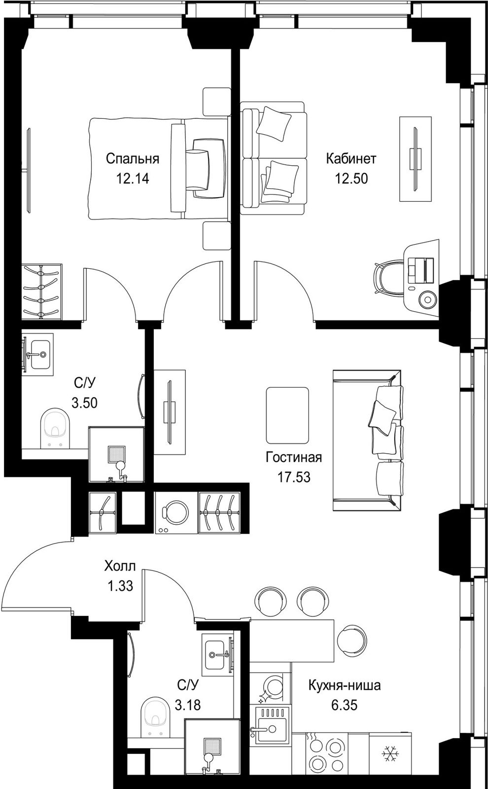 2-комнатная квартира, 56,5 м²