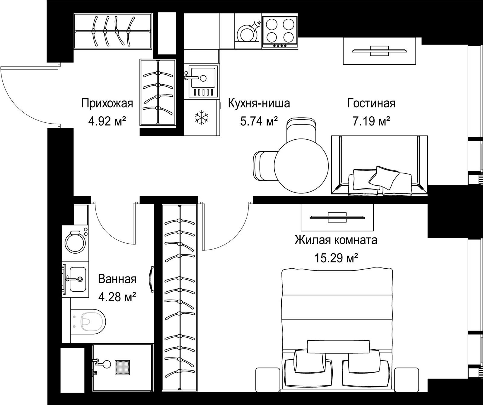 1-комнатная квартира, 37,4 м²