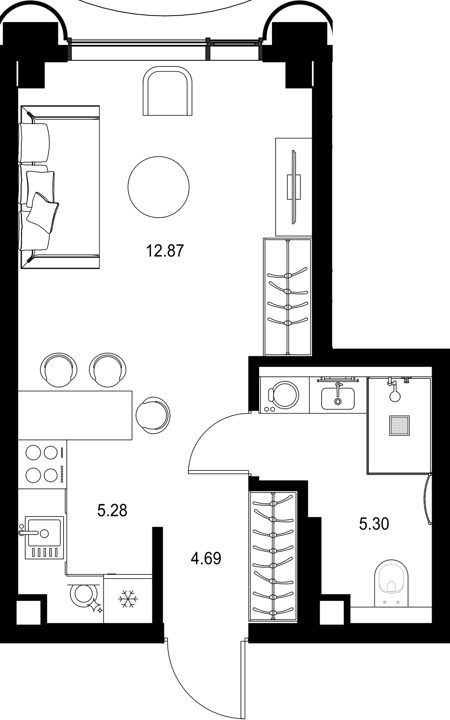 Квартира-студия, 28,1 м²