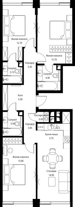 3-комнатная квартира, 89,9 м² — фото 1