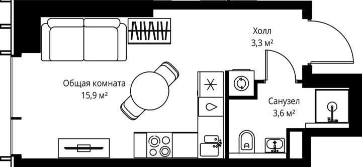 Квартира-студия, 22,8 м²