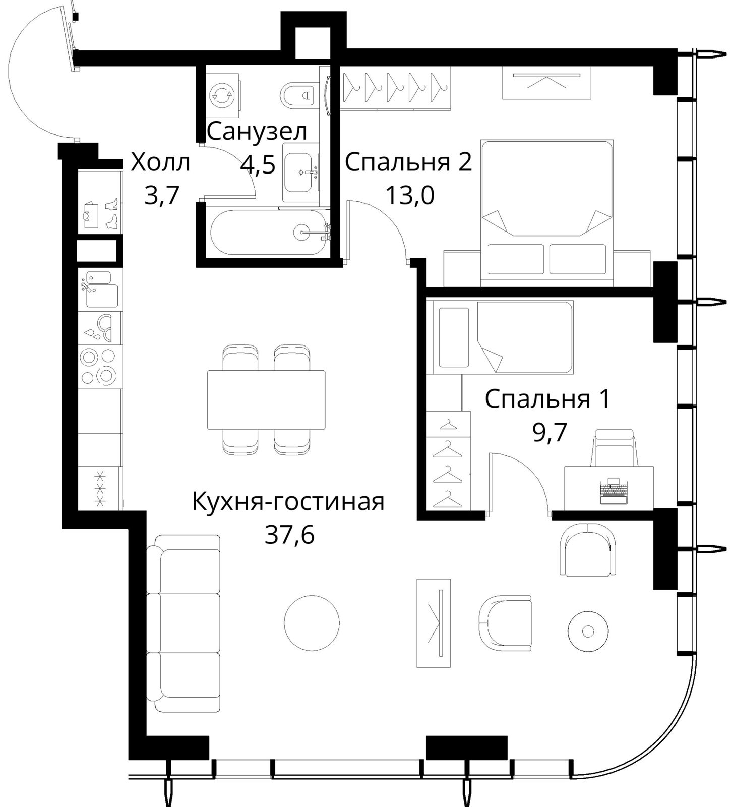 2-комнатная квартира, 68,5 м²