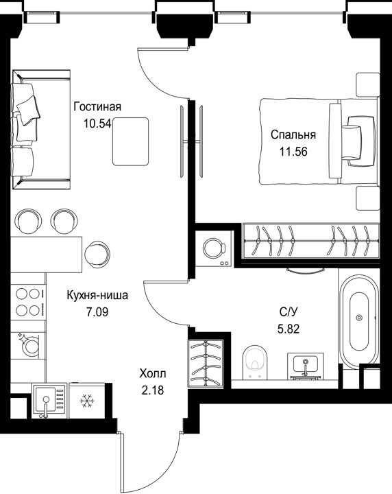1-комнатная квартира, 37,2 м²