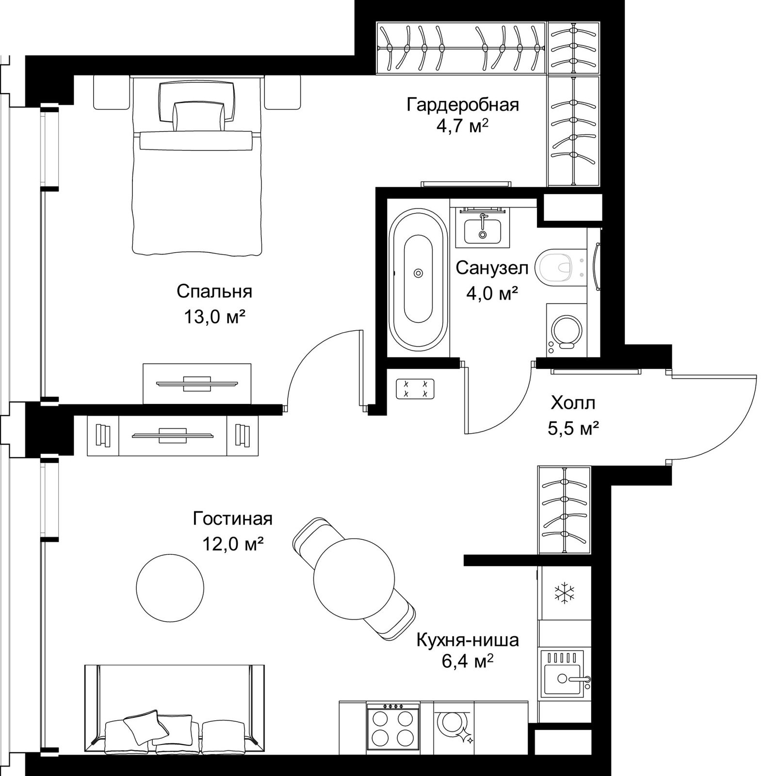 1-комнатная квартира, 45,6 м²