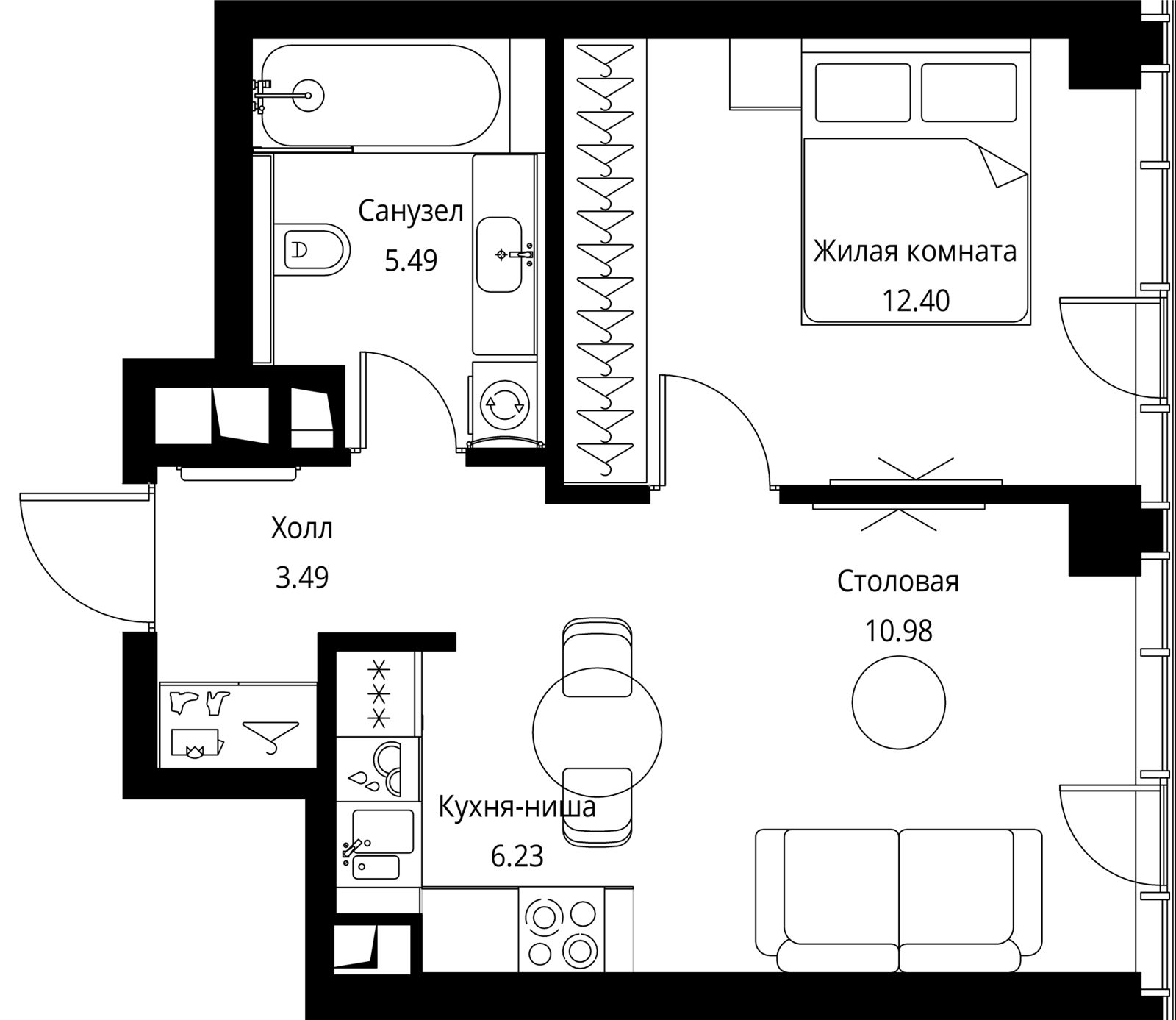 1-комнатная квартира, 38,6 м²