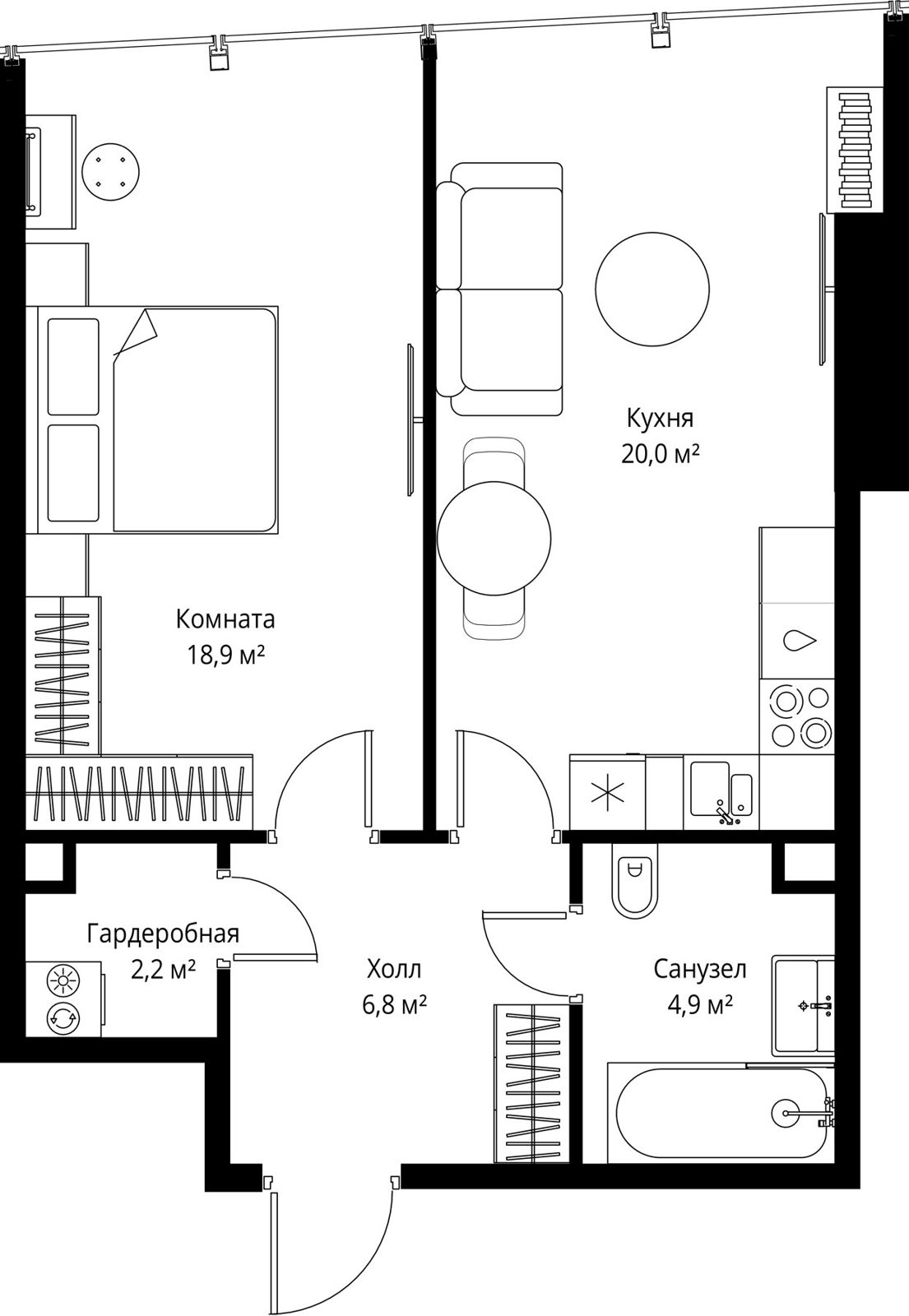 1-комнатная квартира, 52,8 м²