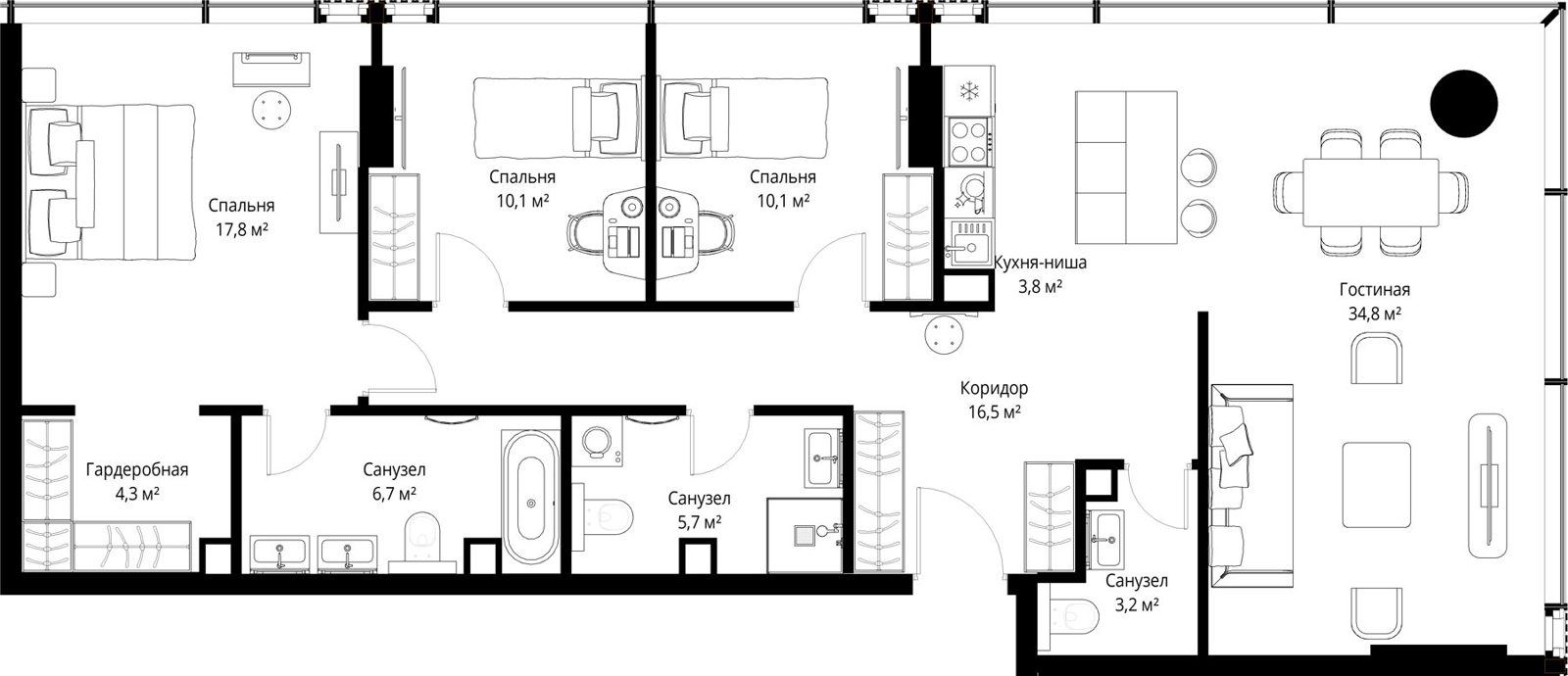 3-комнатная квартира, 113 м²