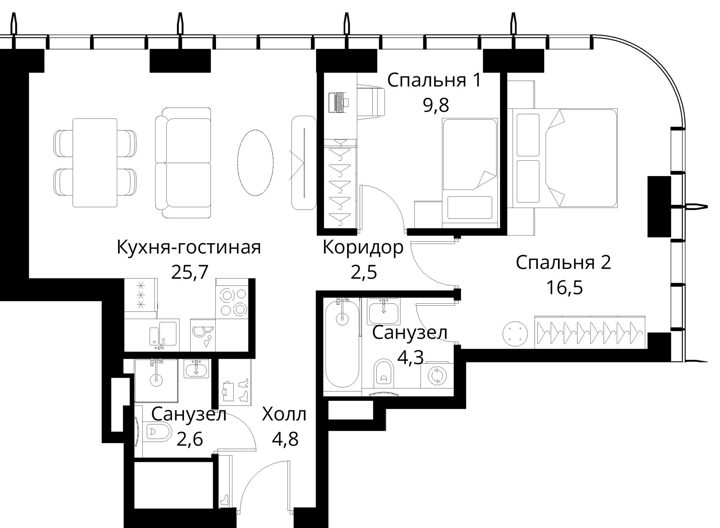 2-комнатная квартира, 66,2 м² — фото 1