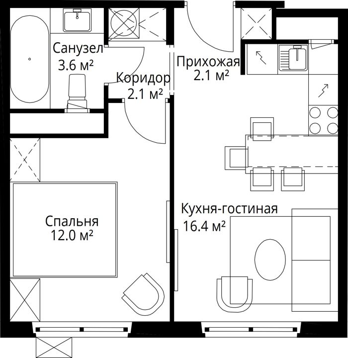 1-комнатная квартира, 36,2 м² — фото 1