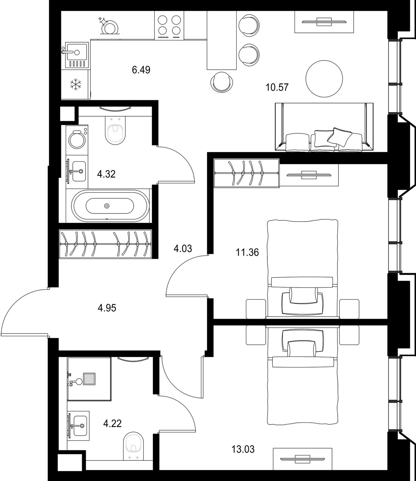 2-комнатная квартира, 59 м²