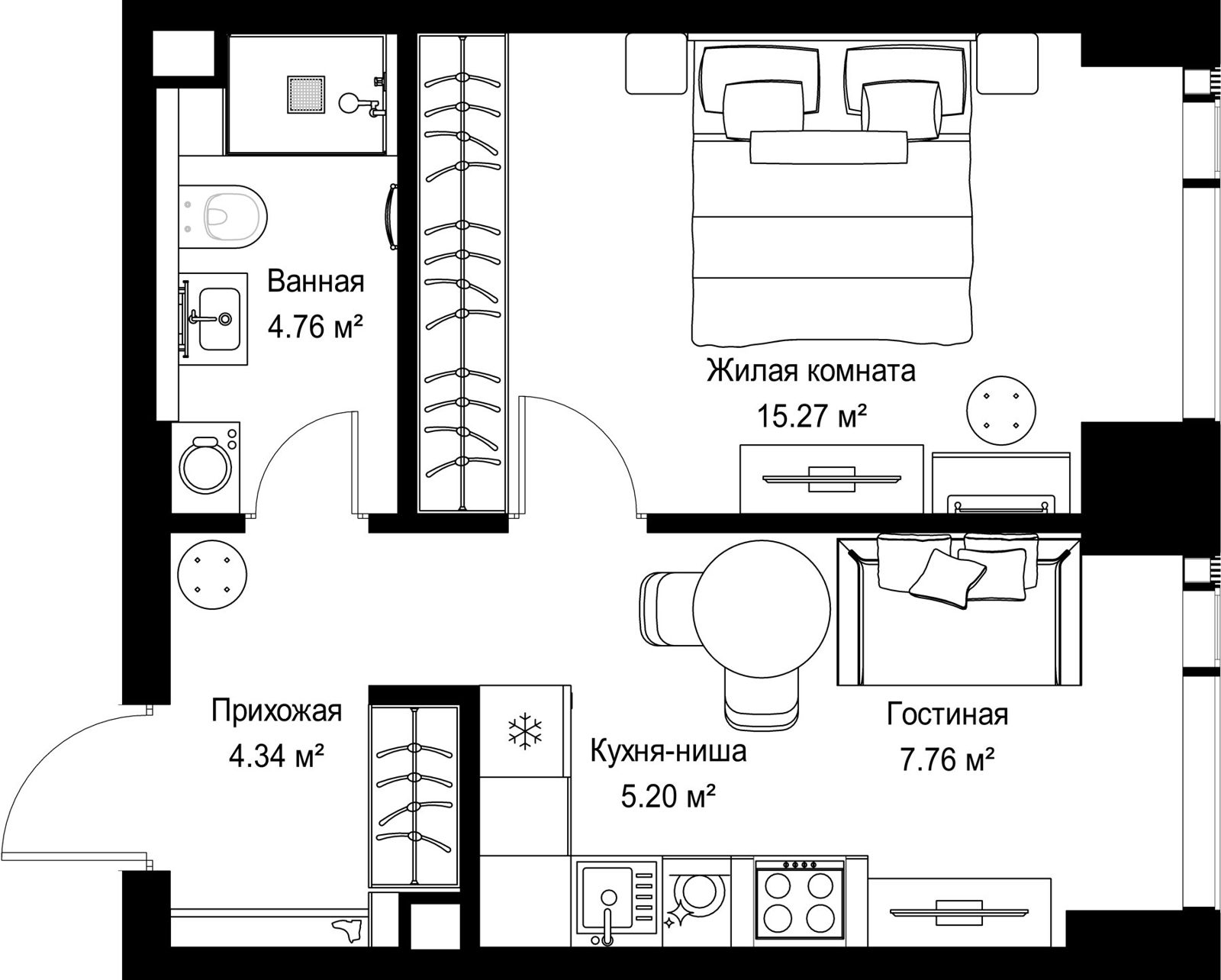 1-комнатная квартира, 37,3 м²