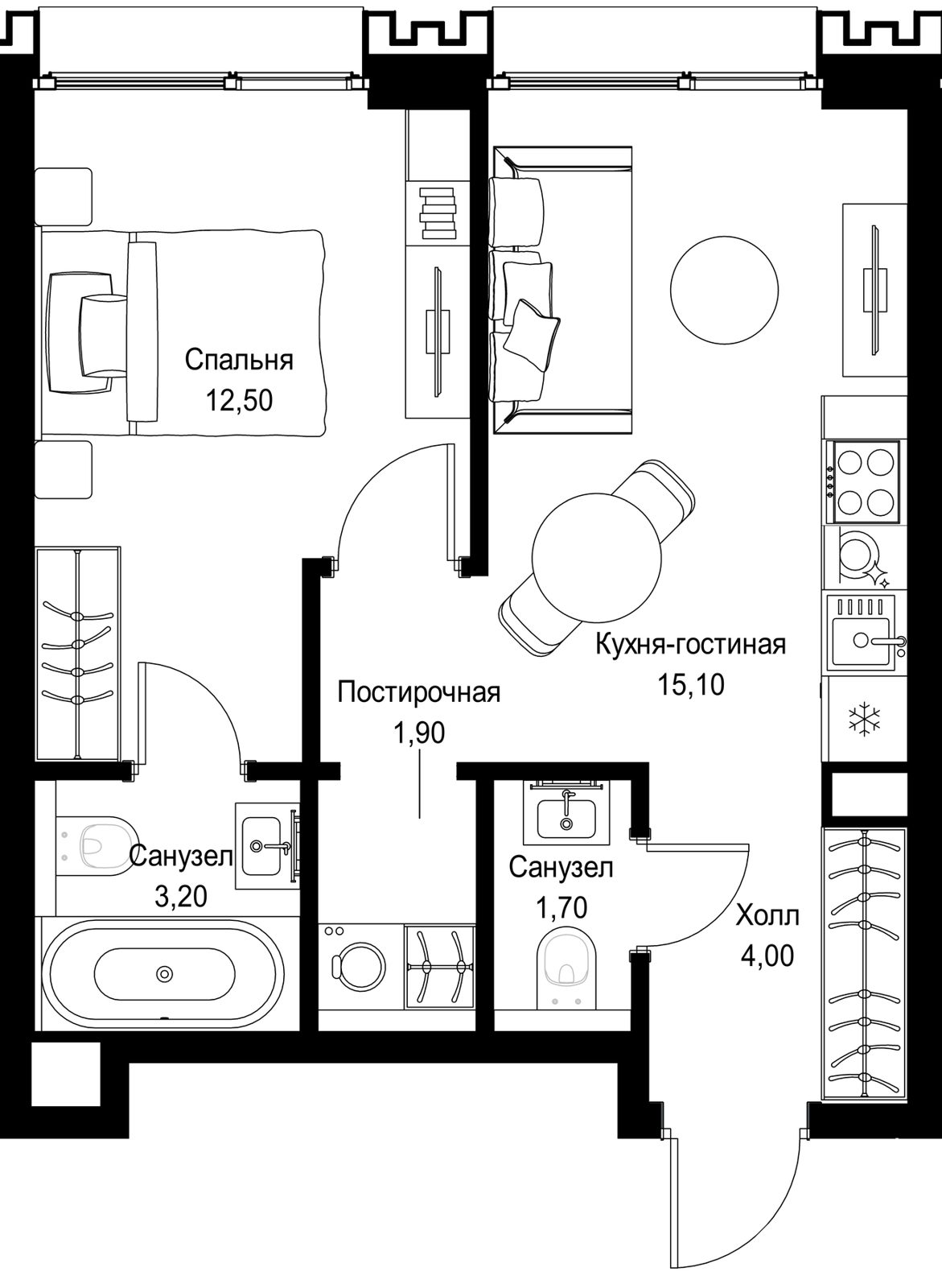 1-комнатная квартира, 38,4 м²