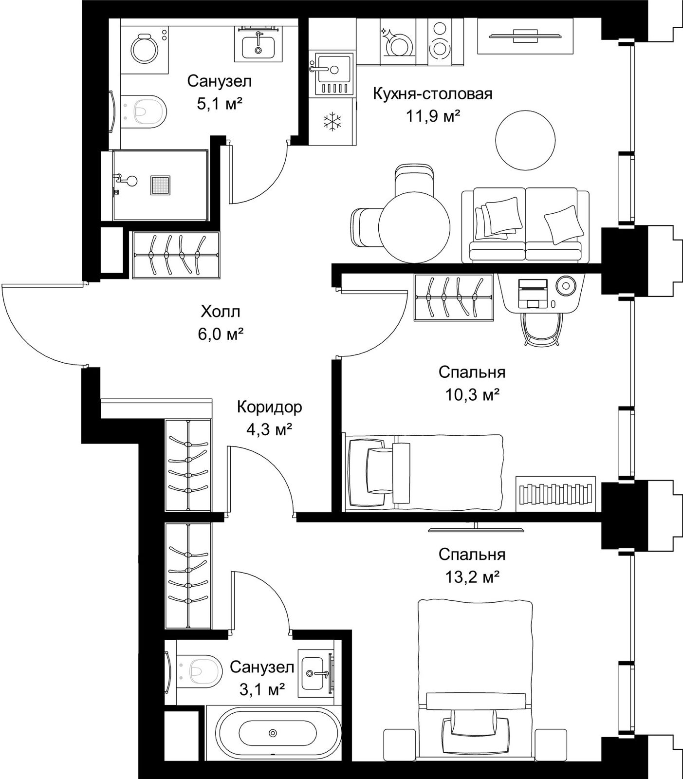2-комнатная квартира, 53,9 м²