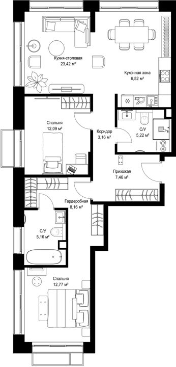 2-комнатная квартира, 84 м² — фото 1