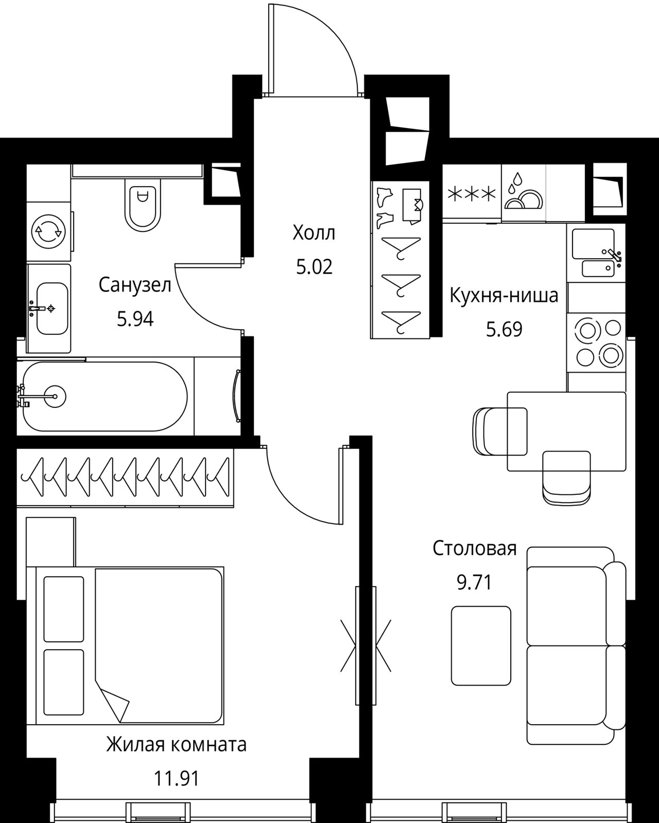 1-комнатная квартира, 38,3 м²