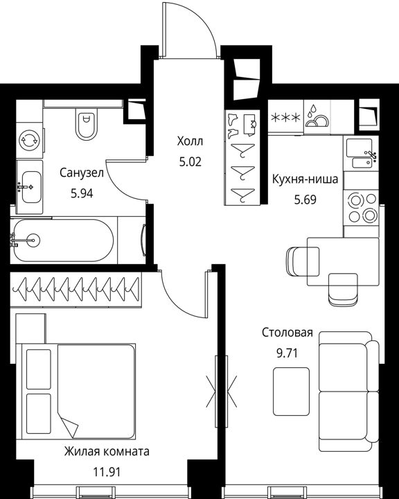 1-комнатная квартира, 38,3 м² — фото 1