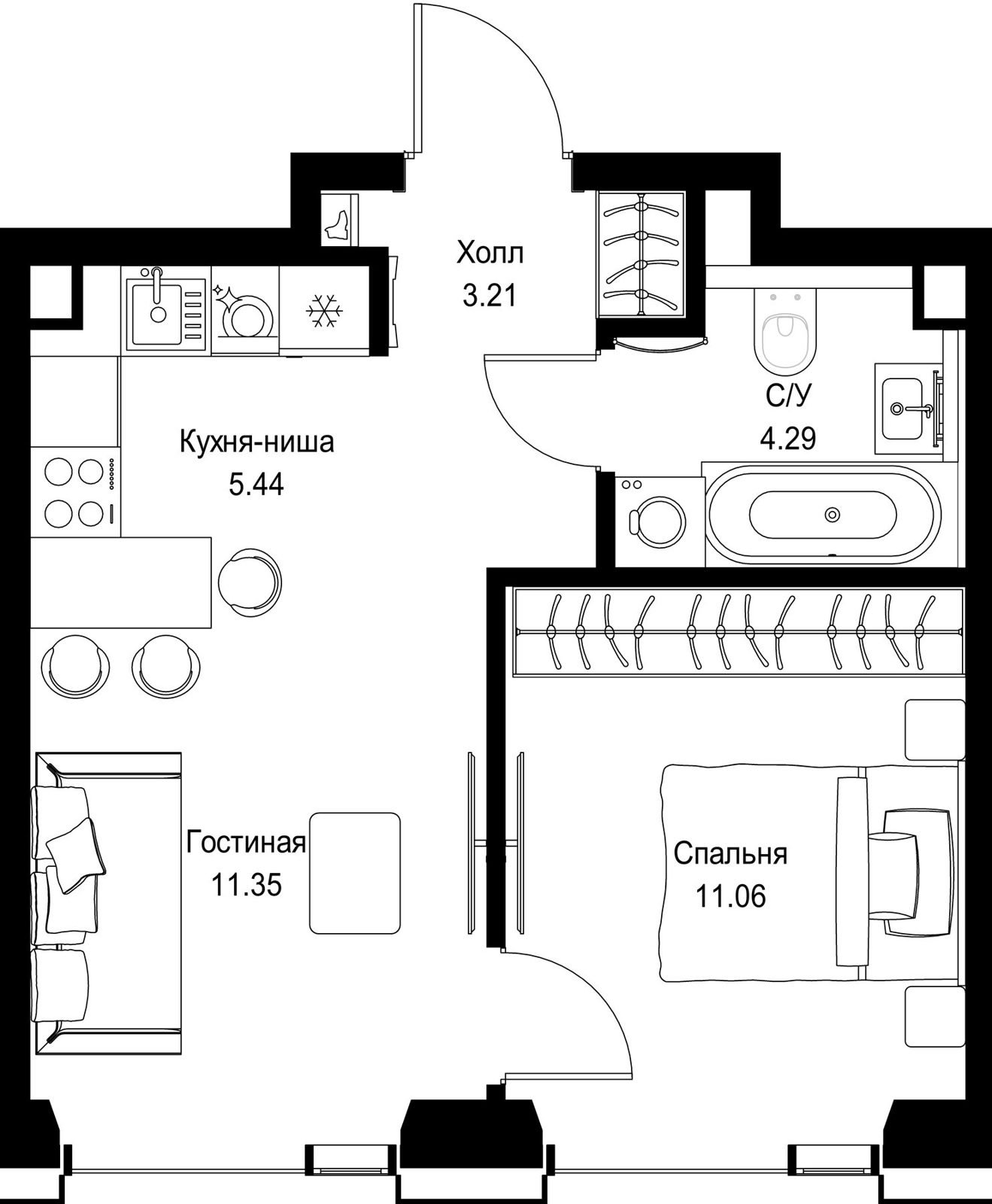 1-комнатная квартира, 35,4 м²