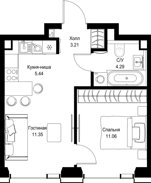 1-комнатная квартира, 35,4 м²