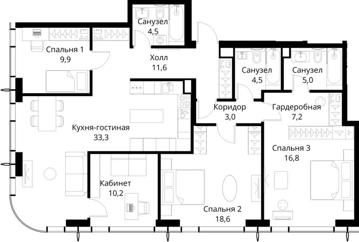 3-комнатная квартира, 124,6 м² — фото 1