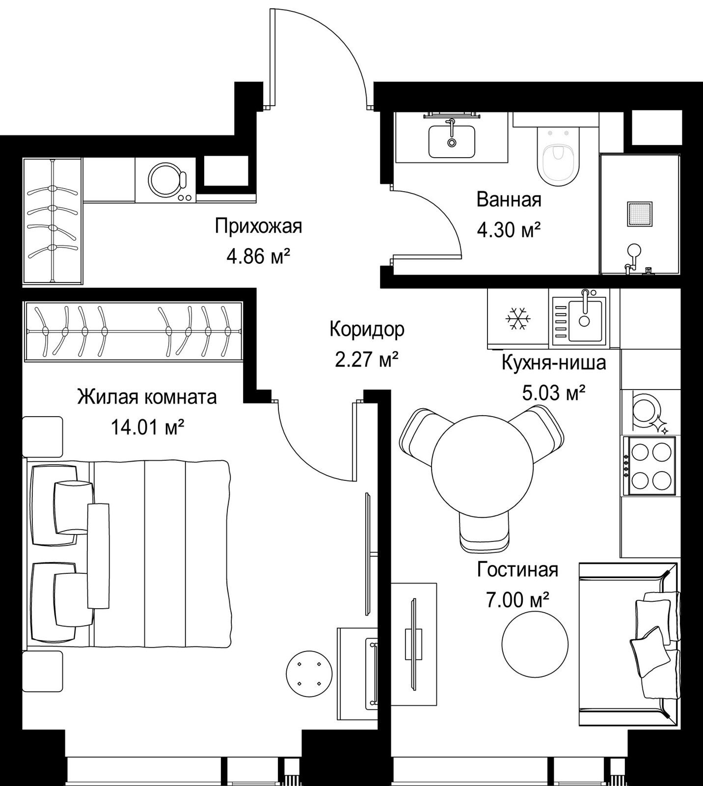 1-комнатная квартира, 37,5 м²