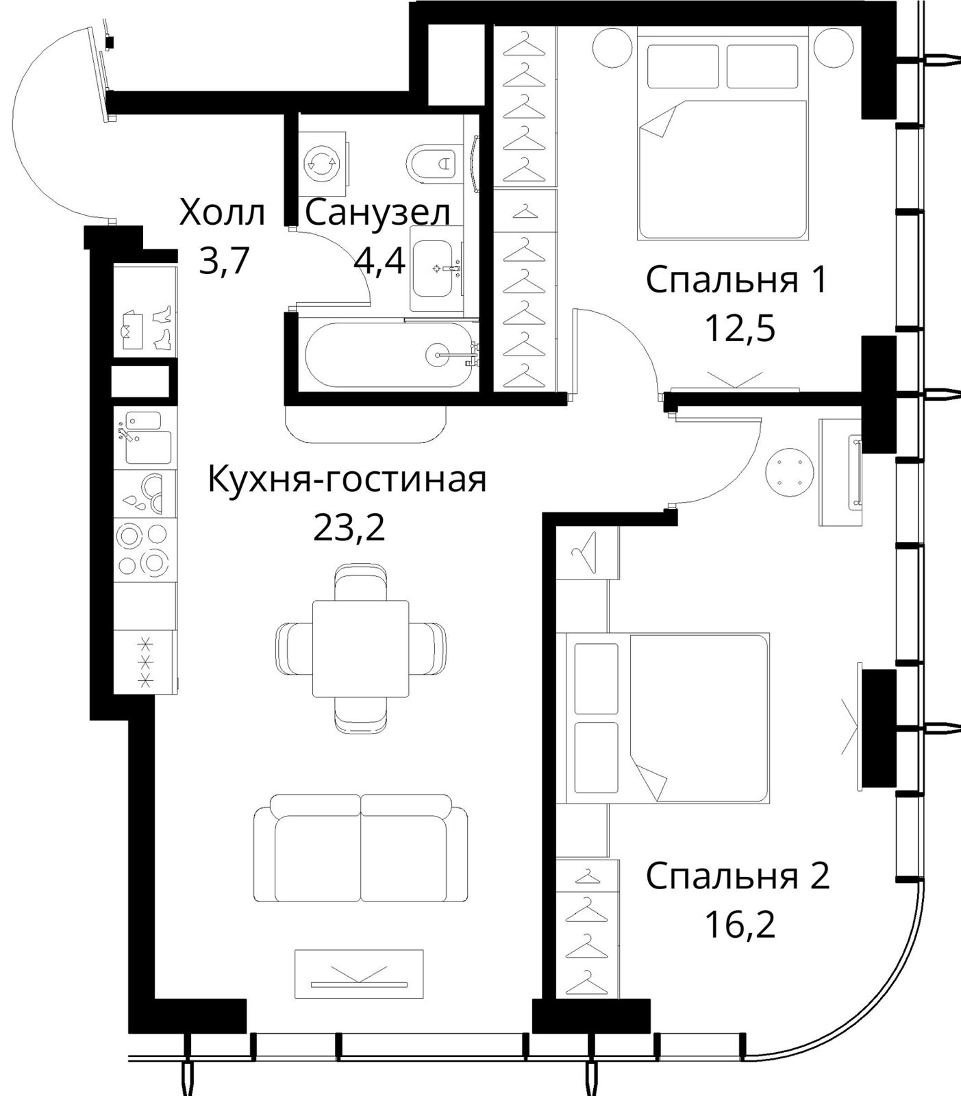 2-комнатная квартира, 60 м²