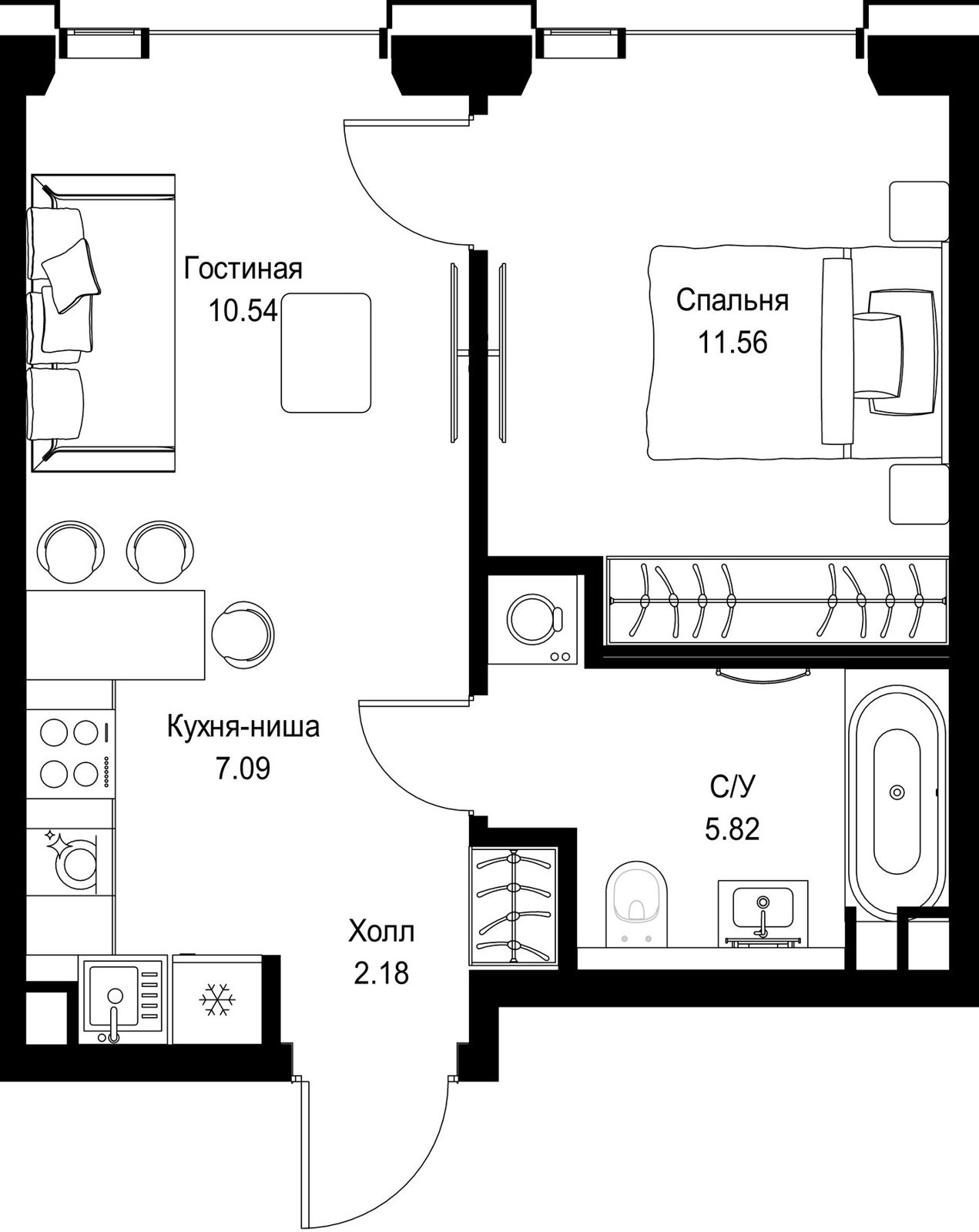 1-комнатная квартира, 37,2 м²